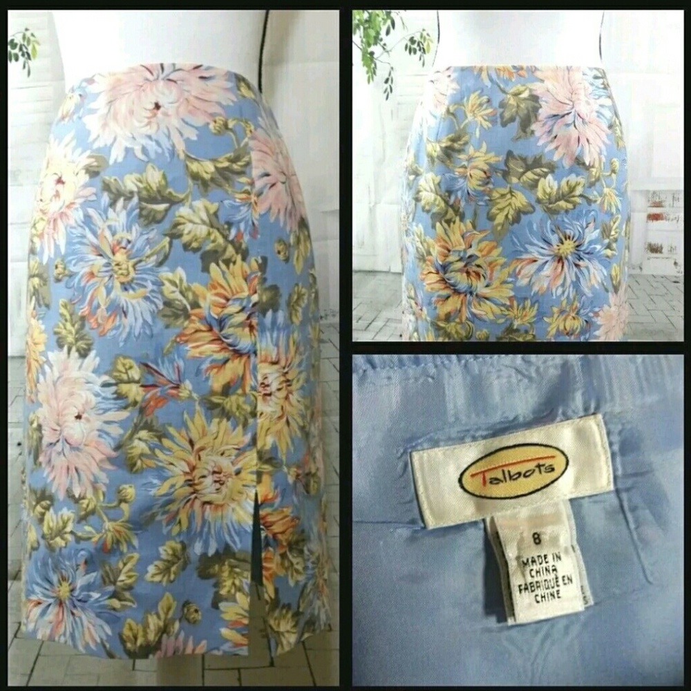 Talbots Blue Floral Linen Skirt Sz 8